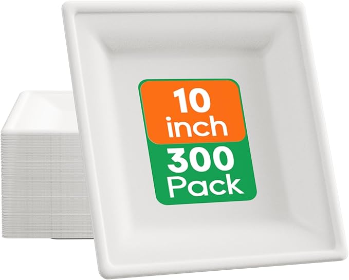 ECOLipak 10 Inch Square Paper Plates, 300 Pack Compostable Heavy Duty Biodegradable Paper Plates, Made from Sugarcane, Eco Friendly White Disposable Plates for Party, Dinner