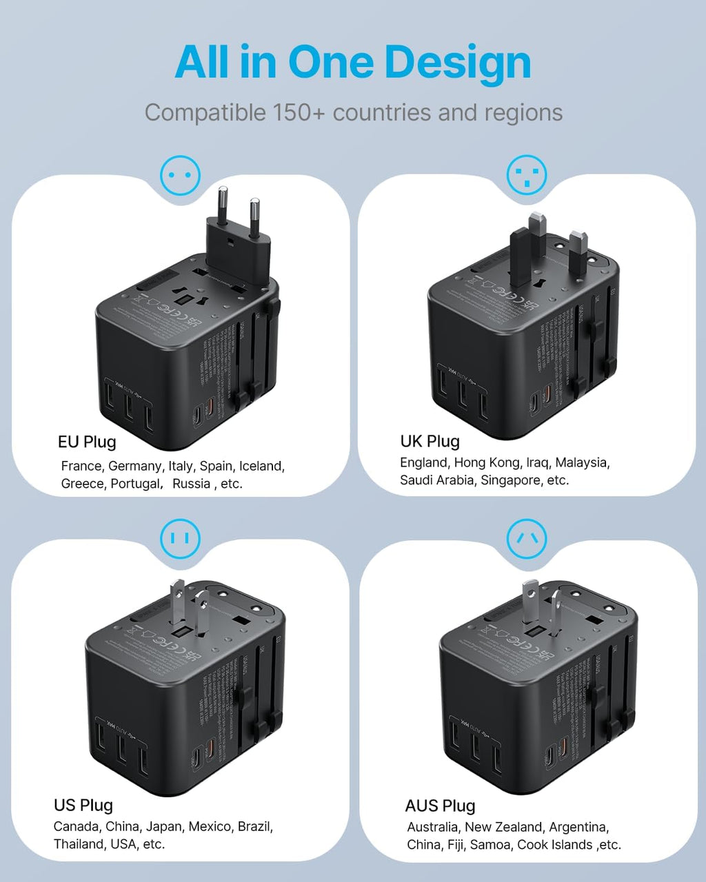 Universal Travel Adapter, VINTAR 35.5W International Power Adapter with 3 USB A QC and 2 USB C PD, All in One Plug Adapter Worldwide Travel Essentials for EU/UK/USA/AUS(Type C/G/A/I), Black