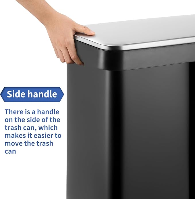 16 Gallon Dual Compartment Trash Can, Hands-Free Recycling Rectangular Garbage Bin, Stainless Steel Step-On Dustbin with Soft-Close Lid, Removable Inner Buckets, for Kitchen Home