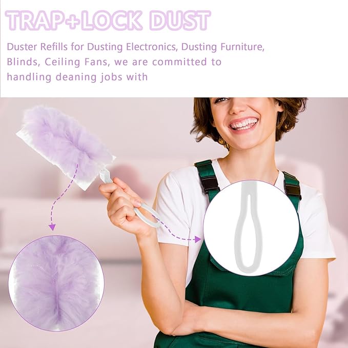 Duster Refills Compatible with Swiffer Duster, Heavy Duty Multi Surface Duster Replacement with 1 Extra Handle for Cleaning Furniture, Blinds, Ceiling Fans and Car (Purple-50Pack)