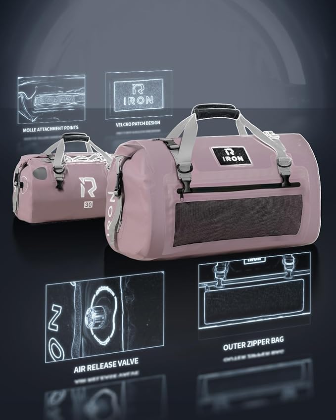 IRON JIA'S Motorcycle Dry Bag - Waterproof Duffle & Luggage Tail Bag Saddle Bags with Roll Top Closure, Shoulder Straps, Inner Pocket and Mesh Pocket (Purple, 50L)
