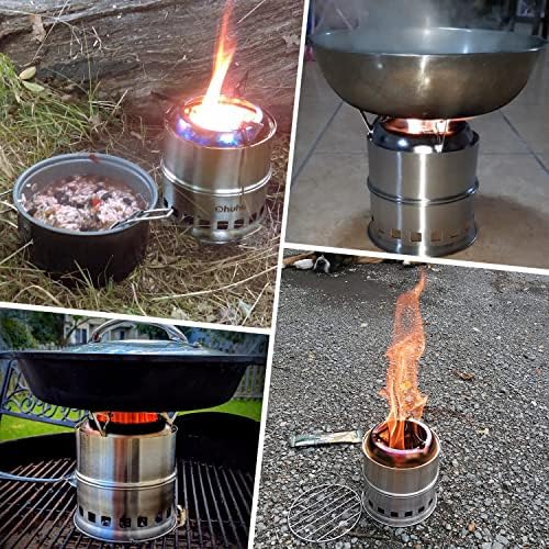 Camping Stove, Ohuhu Camp Stove Wood Burning Stove Stainless Steel Stoves Mini Portable Stove for Camping Picnic BBQ Backpacking Hiking Survival Emergency Cooking Outdoor with Grill Grid Carry Bag