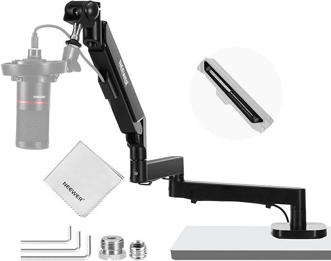 NEEWER MS002 Low Profile Desk Mic Boom Arm Stand with 360° Swivel Adjustable Pneumatic Damping Cable Management Cleaning Cloth, Desktop Mount Holder Compatible with Shure MV7 SM7B Blue Yeti Microphone