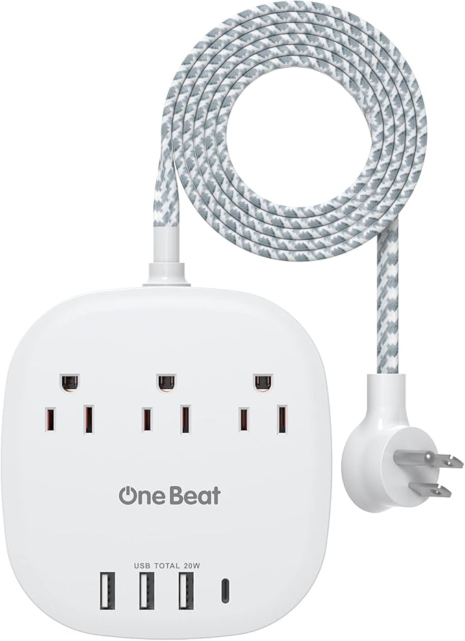 PD 20W USB C 3 Outlet 4 USB Ports Flat Plug Power Strip No Surge Protector for Cruise Ship Travel, 5 ft Long Extension Cords, Power Delivery, Desktop Power Strip for Dorm Home Office