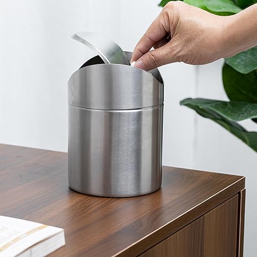 Mini Trash Can, Tiny Desktop Trash Bin with Swing Lid, Stainless Steel Bathroom Countertop Garbage Cans Kitchen Waste Bins with Trash Bag
