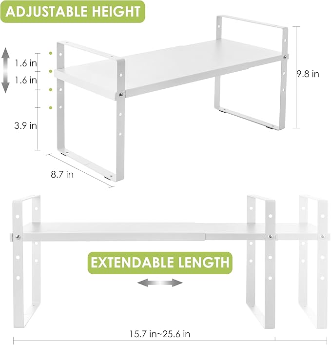 Expandable Cabinet Shelf Organizer Rack, Stackable Kitchen Counter Storage Shelves Stand, Adjustable Height Pantry Shelf Spice Rack (White, 1 Pack)
