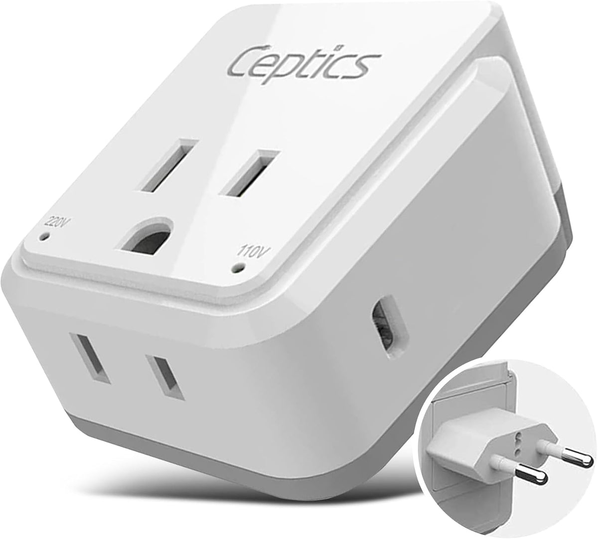 Ceptics European Plug Adapter, Safe USB-C 30W PD & QC 3.0-2 USA Socket - Compact & Powerful - Use in Greece, Italy, Switzerland, Turkey, Portugal - Includes Type C Swadapt Attachment