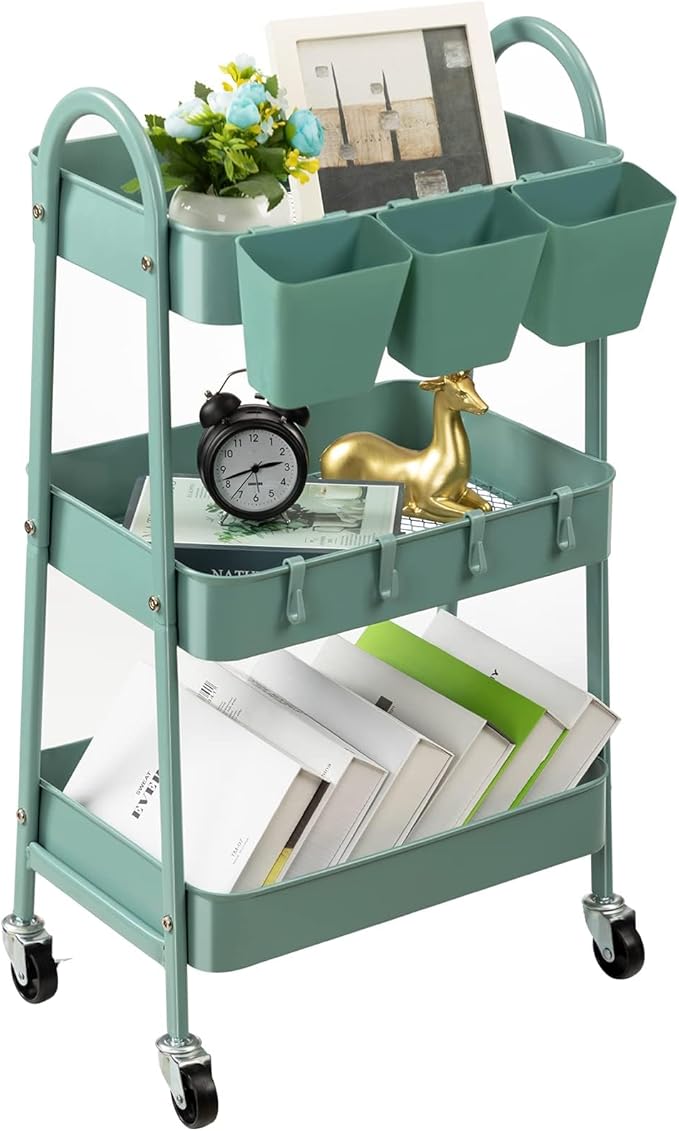 danpinera 3-Tier Rolling Cart, Metal Rolling Storage Cart with Lockable Wheels & Hanging Cups & Hooks, Mobile Trolley for Kitchen, Bathroom, Office, Workshop, Green