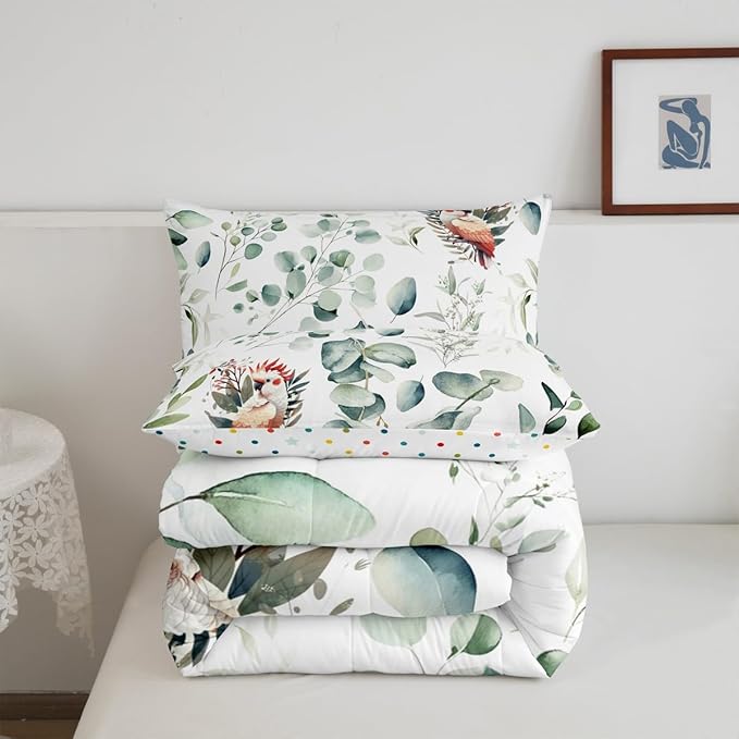 Erosebridal Cartoon Animal Queen Comforter Set for Kids Toddler Kawaii Parrot Bedding Set Queen, Wild Bird Bedding Comforter Sets Cute Wildlife Duvet Set, Botanical Green Eucalyptus Quilted Comforter
