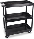 3-Tier Commercial Utility Cart, 3 Shelves Steel Service Tool Cart with Brake Wheels for Mechanics, 330lbs Heavy Duty Rolling Utility Carts Tub Storage Cart for Warehouse Office Garage, Black