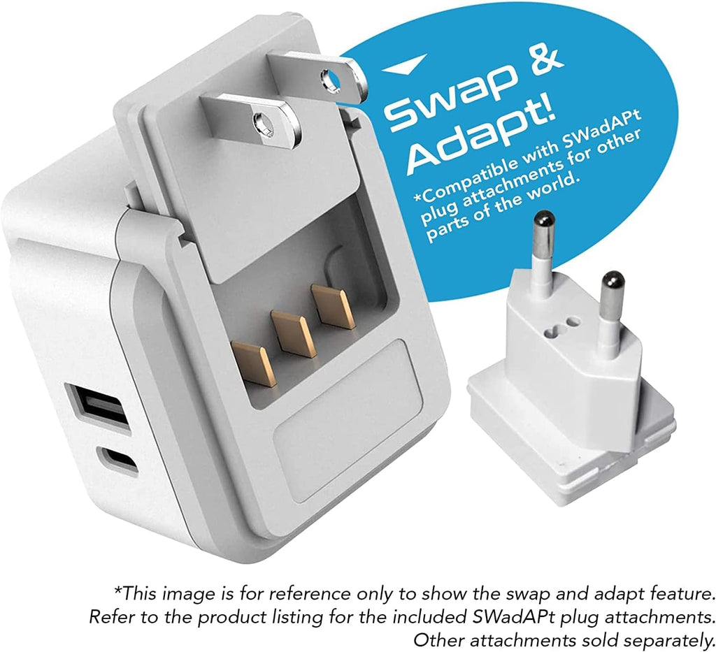 Ceptics Germany, Korea Travel Plug Adapter Set, 20W PD & QC, Safe Dual USB & USB-C - 2 USA Socket - Use in Schuko, France, Russia, Netherlands - Includes Type E/F SWadAPt Attachments