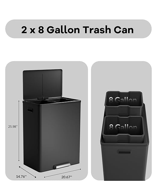 Garvee Dual Trash Can for Recycling and Trash, 2 x 30 L (60 L) Stainless Steel Kitchen Trash Can with Lid and Foot Pedal, Double Compartment Garbage Can, with Recycling Bin, 2 x 8 Gallon