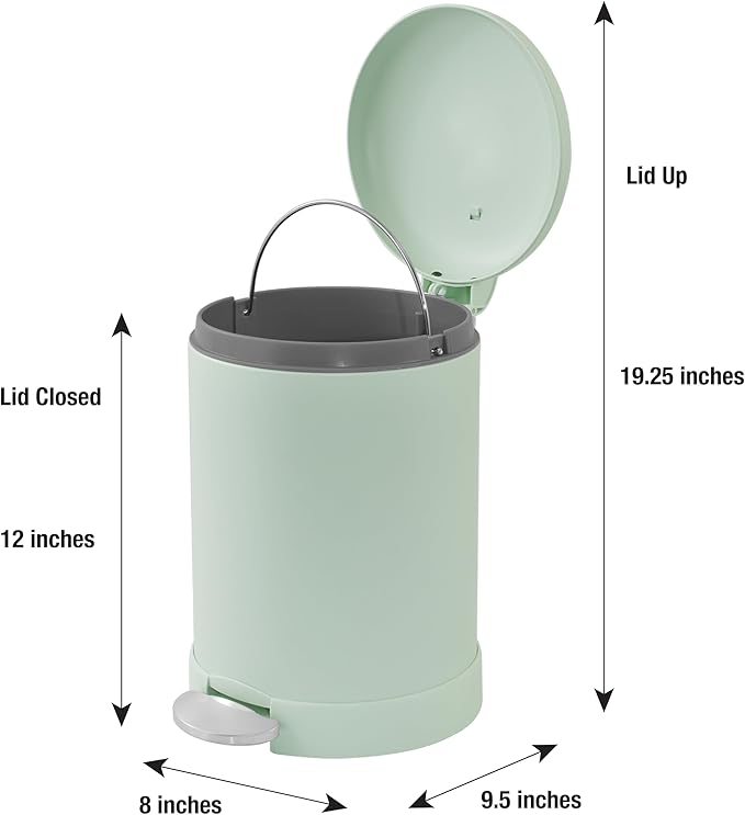 Glad Small Trash Can, 1.2 Gallon | Round Stainless Steel Garbage Bin with Soft Close Lid & Step Foot Pedal | Metal Waste Basket with Removable Inner Bucket, Green