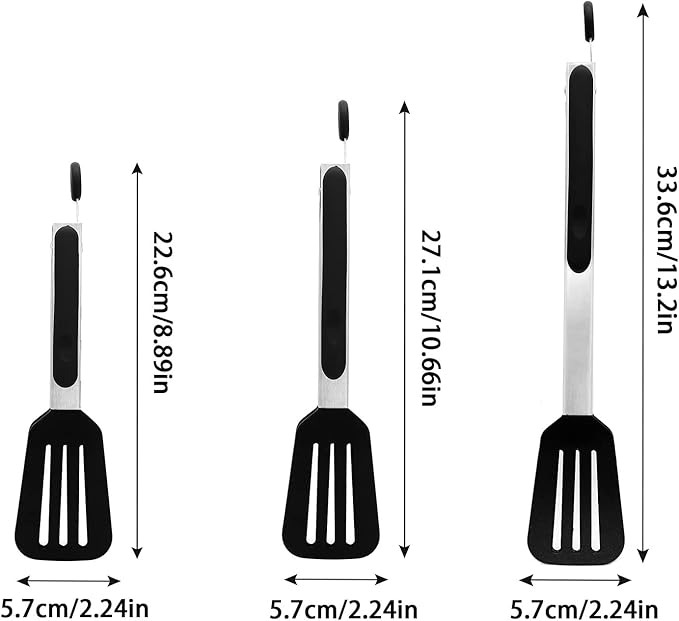 3-Piece Stainless Steel & Silicone Cooking Tongs Set - Black (7", "9", "12 inches) - Heat Resistant, Non-Stick, Locking Handle, Dishwasher Safe