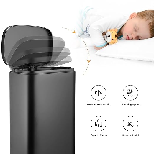 AthLike Trash Can, Stainless Steel Kitchen Garbage Can, Step Waste Bin with Hinged Lid and Removable Inner Bucket, Soft-Close, Dustbin for Bathroom Bedroom Living Room Home (Black, 13.2 Gal)