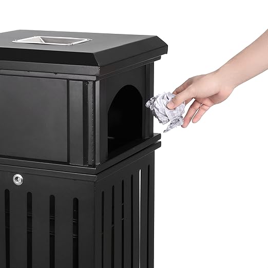 BEAMNOVA Trash Can Outdoor Top Tray Matte Black Stainless Steel Commercial Garbage Enclosure with Locking Lid Heavy Duty Industrial Yard Garage Waste Container, 35.5 * 15.8 * 15.8 in