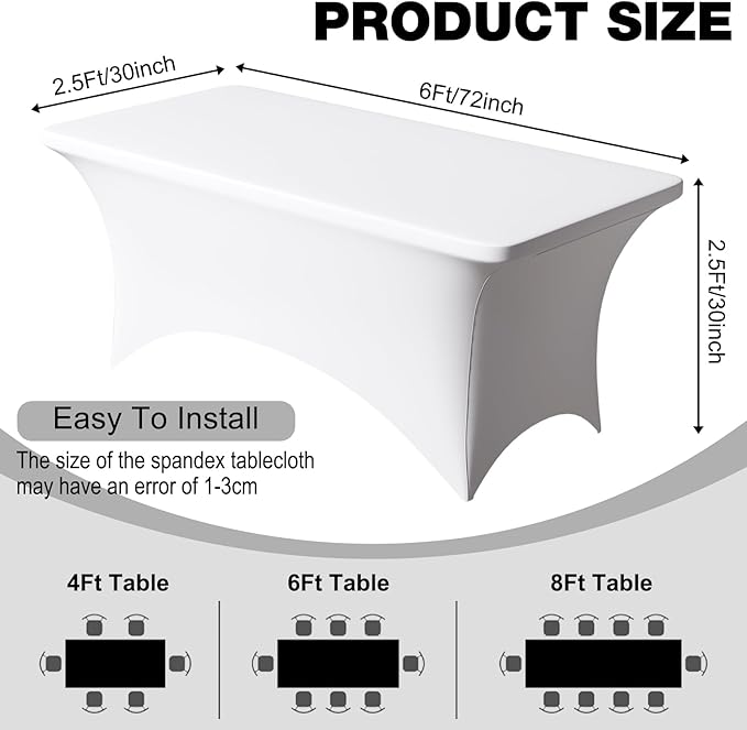 Trlyc 2 Pack 6FT Spandex Table Cloth - 72 x 30 Inch Rectangular Stretch Tablecloth, Wrinkle Resistant Scretch Table Cover for Wedding, Party, Banquet, Picnic, Outdoor Decoration (2Pcs,White)