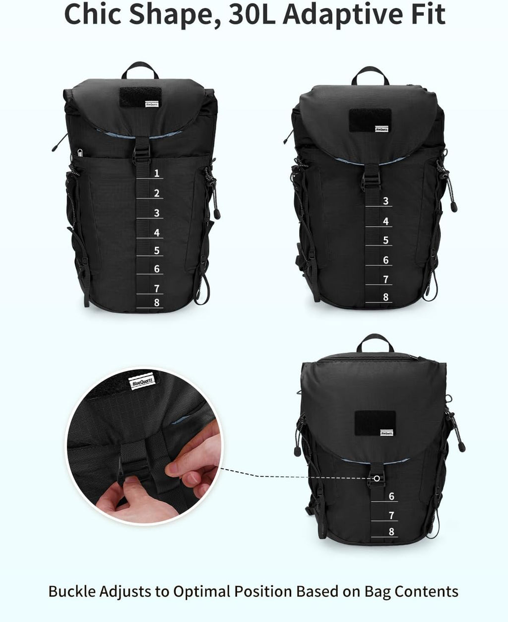 Blue Quartz Hiking Backpack 30L Lightweight Packable Backpack for Travel, Water Resistant Foldable Daypack for Women Men, Black