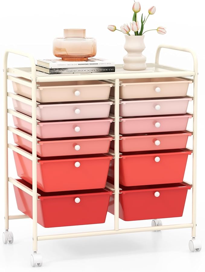 GOFLAME 12-Drawer Rolling Storage Cart, Multipurpose Organizer Cart with 2 Sizes Plastic Drawers, Mobile Utility Cart with Lockable Casters for School, Home Office, Beauty Salon, Gradient Pink