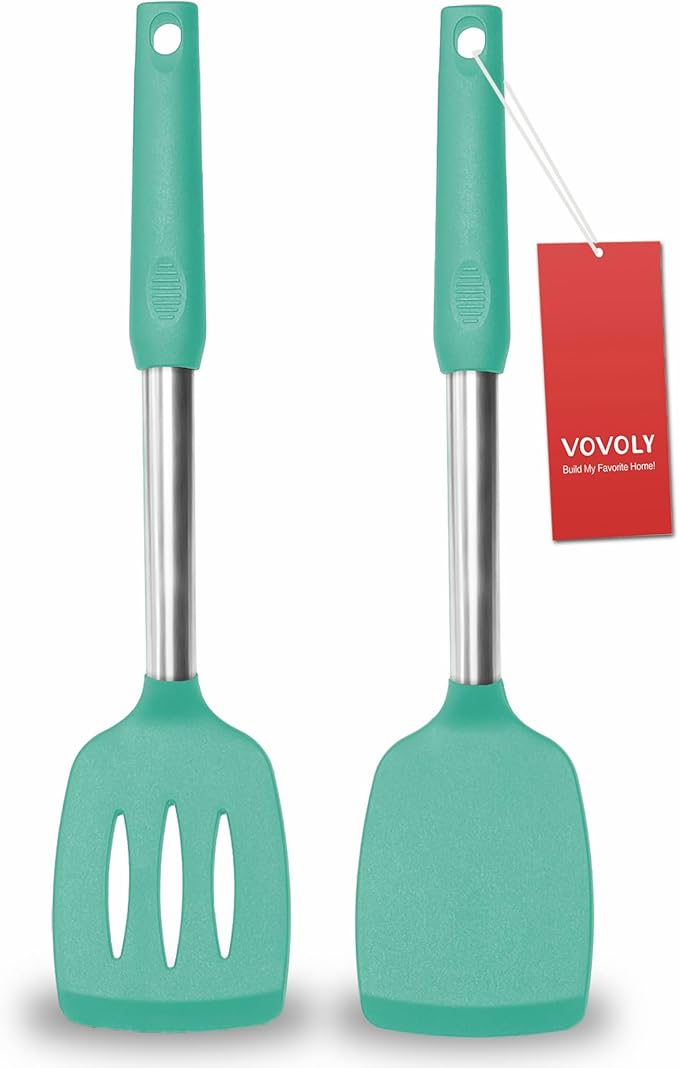 2 Pack Spatulas, Solid & Slotted Silicone Spatula Set, Stainless Steel Handle Coated with Silicone, Non Stick Turners, Heat Resistant Rubber Spatulas for Fish, Eggs, Pancakes, WOK, Teal