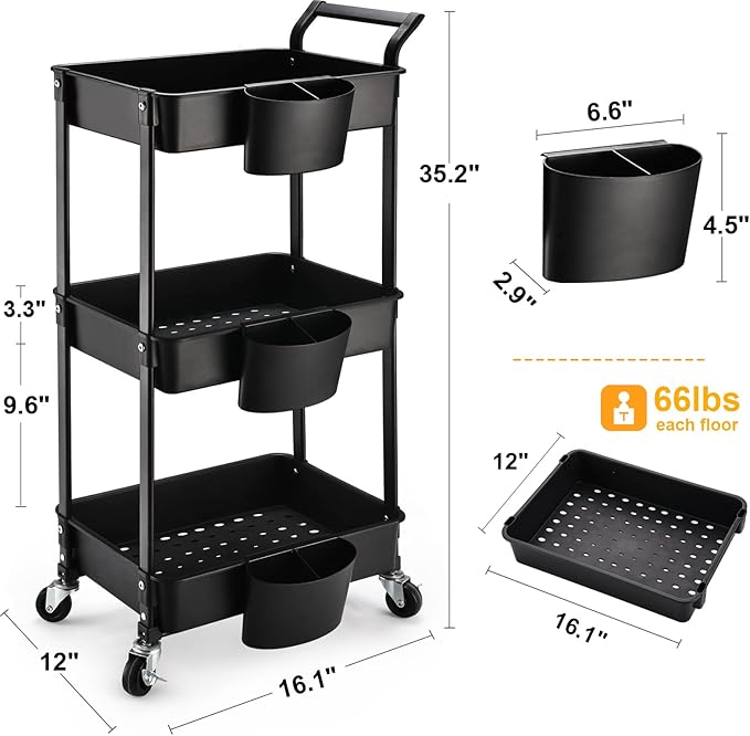 3-Tier Utility Rolling Cart,Mobile Utility Cart with Lockable Caster Wheels,Storage Shelves Organizer Cart, 3 Hanging Baskets, Easy Assembly,for Bathroom, Kitchen, Office, Workshop