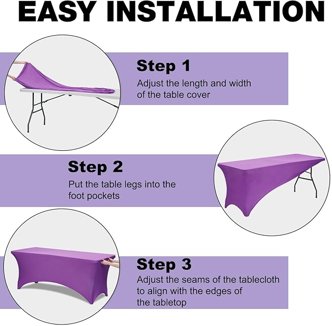 Trlyc 2 Pack 6FT Spandex Table Cloth - 72 x 30 Inch Rectangular Stretch Tablecloth, Wrinkle Resistant Scretch Table Cover for Wedding, Party, Banquet, Picnic, Outdoor Decoration (2Pcs,Purple)