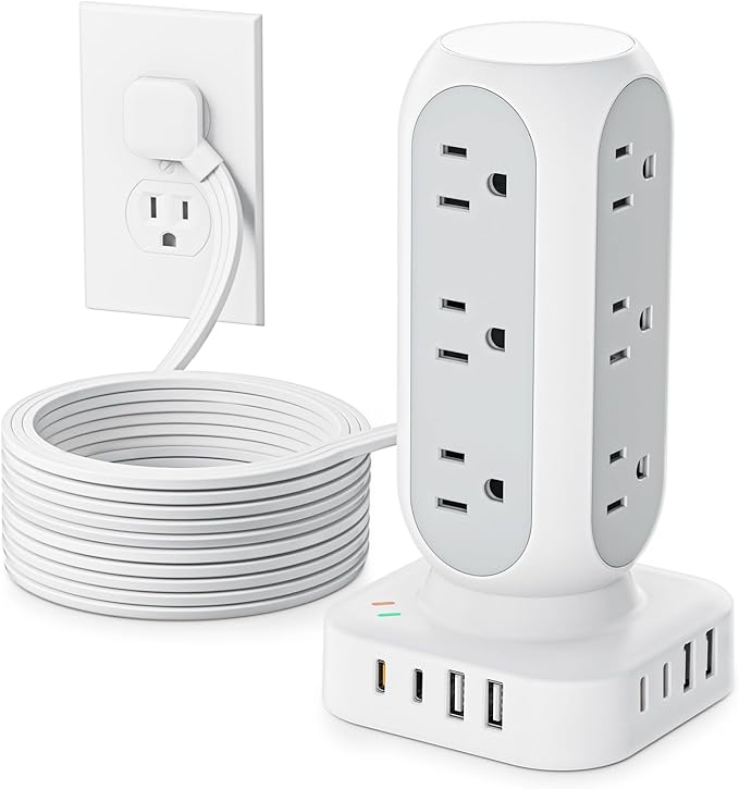 Flat Plug Power Strip Tower 10FT, 40W Total Fast Charging Station, Dual PD 20W USB-C Surge Protector with 12 AC Outlets and 8 USB Ports (4 USB C), Long Extension Cord for Home Office Dorm Room