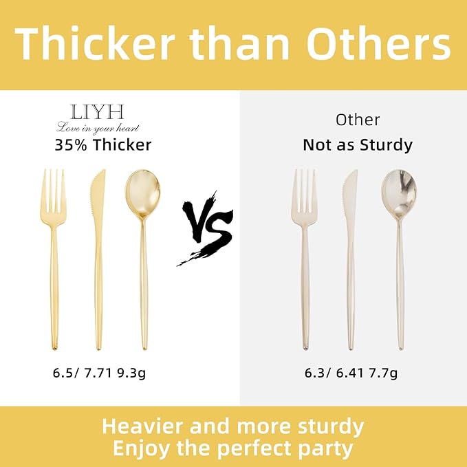 LIYH 360 Pcs Heavyduty Gold Plastic Silverware Set - Elegant Gold Silverware Disposable Utensils Set for Weddings, Parties & Events - Includes Forks, Spoons, Knives, Cutlery Tableware