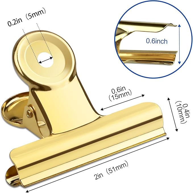 20 Pack Large Metal Hinge Clips 2 Inches Bull Hinge Paper Clips Gold Bulldog Clips for Crafts, Photo, Drawing, Food Bags at Home, Office, School, Shop, Gold, 51mm