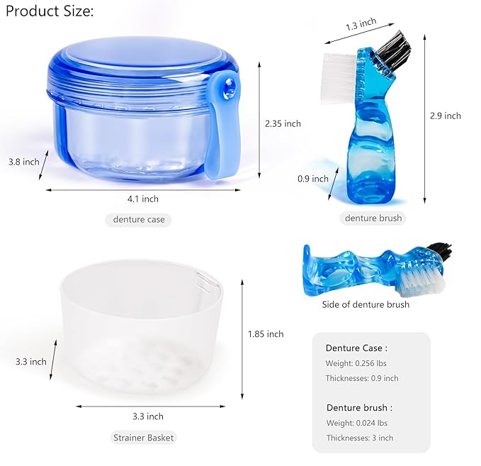 Leak Proof Portable Denture Bath Case Denture Cleaning Cup, False Teeth Holder Mouthguard Night Guard Container Box Retainer Soaking Case for Travel, Household, Office - Transparent Blue