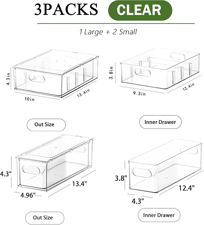 bealy 3 Pack Fridge Organizer and Storage,Clear Storge Bins with Pull-out Drawer, Fridge Drawers Clear Stackable Storage Bins Containers for Freezer, Refrigerator, Pantry, Kitchen