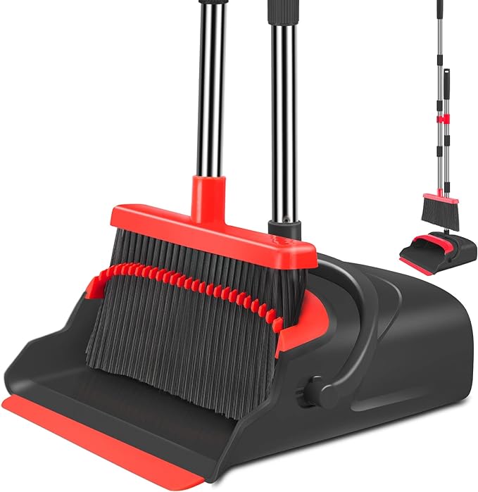 kelamayi Upgrade Broom and Dustpan Set, Broom with Dustpan Combo Set, Large Size and with Long Handle, Upright,Ideal for Indoor Outdoor Garage Kitchen Room Office Lobby Use (Black&Red)