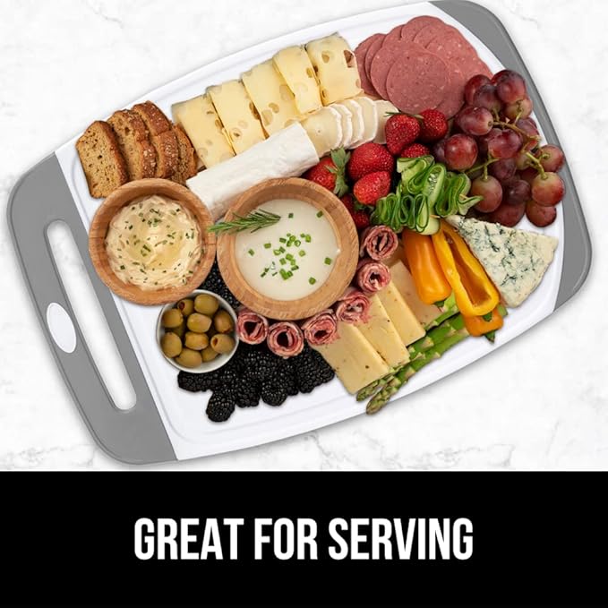 GORILLA GRIP BPA-Free Reversible Kitchen Cutting Board Set of 3, Nonporous, Juice Grooves to Catch Liquid, Slip Resistant Handle Border, Dishwasher Safe, Durable Large Food Chopping Boards, Gray