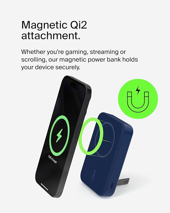 Belkin Portable Charger, Wireless Power Bank 15W 10000 mAh w/ Qi2, MagSafe Charger + Built-in Pop-up Kickstand - iPhone 17, Air, Pro, Pro Max, AirPods, Apple Watch, Google Pixel 10, etc. - Blue