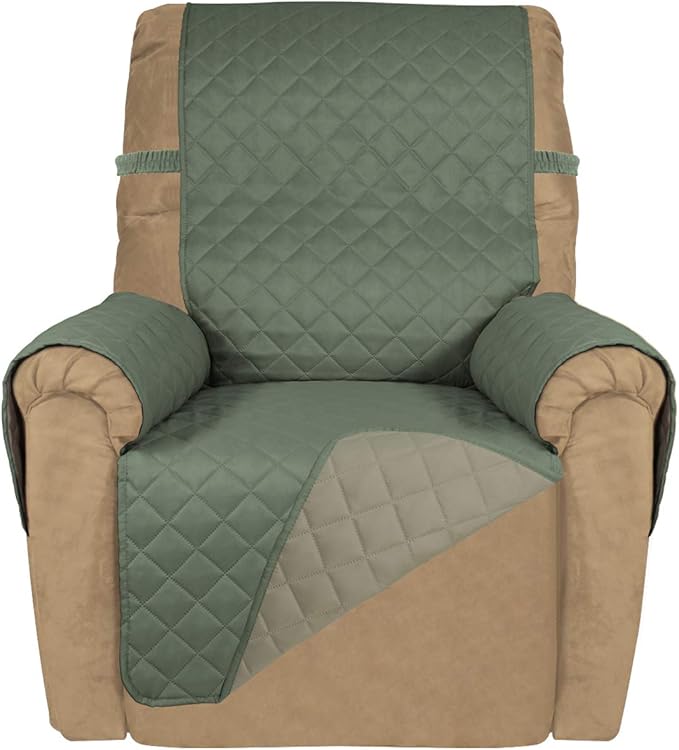 PureFit Reversible Quilted Recliner Sofa Cover, Water Resistant Slipcover Furniture Protector, Washable Couch Cover with Elastic Straps for Kids, Dogs, Pets (Small, Greyish Green/Beige)