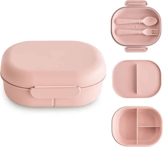 mushie Kids Bento Lunch Box | 3-Compartment & Removable Divider + Fork & Spoon Utensils | Great For Meals, School, Snacks On-the-Go | Dishwasher Safe (Blush)
