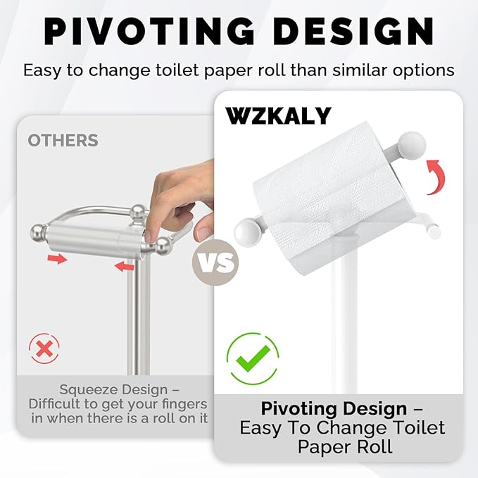 Toilet Paper Holder Stand, White Toilet Paper Holder Free Standing, Post Pivoting Design & Stable Weighted Base SUS304 Stainless Steel for Bathroom (Mega Roll)