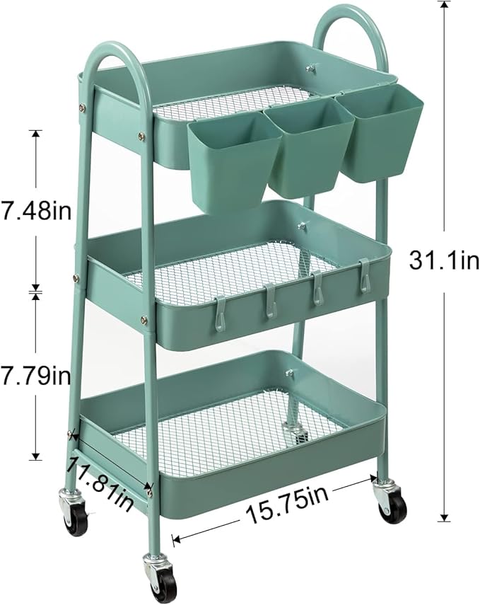 danpinera 3-Tier Rolling Cart, Metal Rolling Storage Cart with Lockable Wheels & Hanging Cups & Hooks, Mobile Trolley for Kitchen, Bathroom, Office, Workshop, Green
