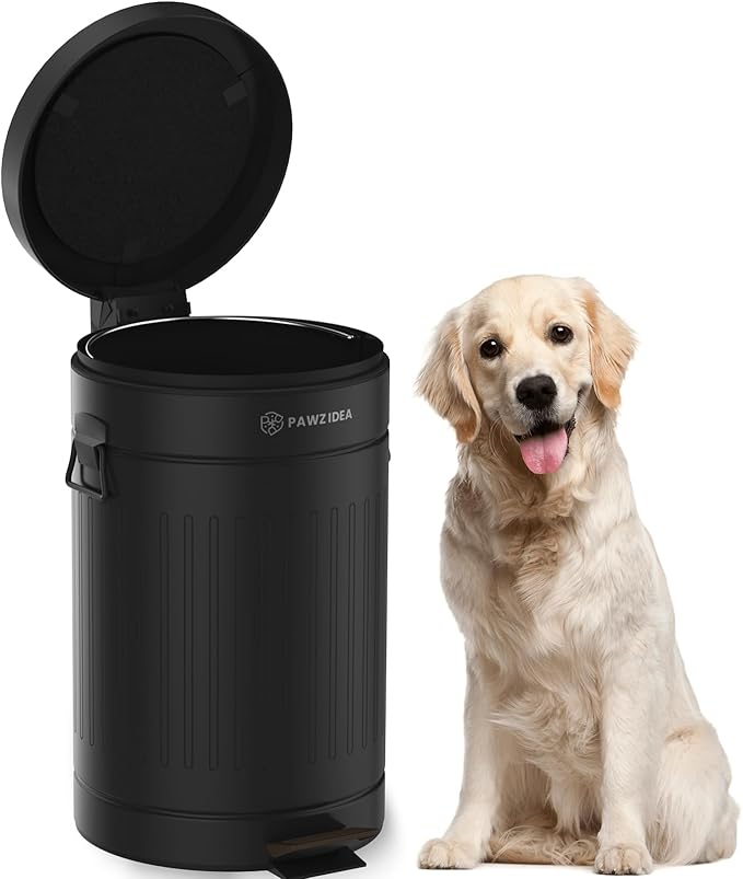 PAWZIDEA Dog Poop Trash Can Outside Odor Control, 3.1 Gallon Outdoor Trash Can with Lid, Waterproof Pet Waste Disposal Container, Small Poop Bin Step Garbage Can, 7.8in Activated Carbon Filter, Black