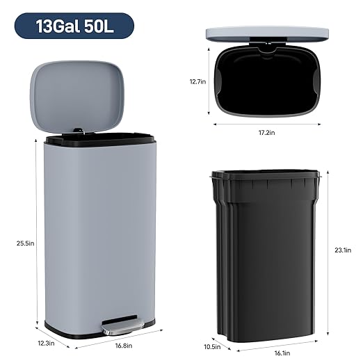 Arlopu 8/13.2 Gallon Step Trash Can, Stainless Steel Garbage Bin, Soft-Close Rubbish Bin with Removable Plastic Inner Bucket, Fingerprint-Proof, Lid Dustbin, Suit for Kitchen Home (Haze Blue, 50L)