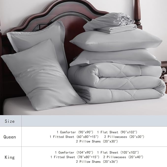 NTBAY Queen Comforter Set with Sheets, 7 Pieces Soft and Breathable Queen Bedding Set, Bed in a Bag, Down Alternative Comforter Set Solid Color All Season, Queen Bedding Set, Light Grey