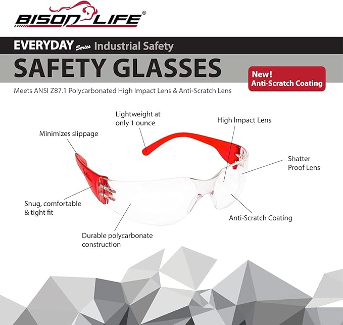 BISON LIFE Safety Glasses - Scratch Resistant Wrap Around Eyewear, Polycarbonate ANSI Z87.1 Impact Resistant Lens