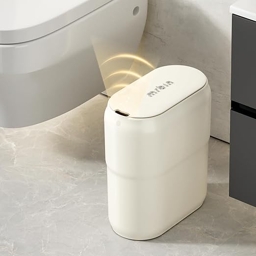 Slim Motion Sensor Trash Can for Bathroom, Automatic Compact Touchless Garbage Bin with Lid, 2.4 Gallon Small Electric Waste Basket for Narrow Apartment Dorm Office, Kitchen, Bedroom, Cream White