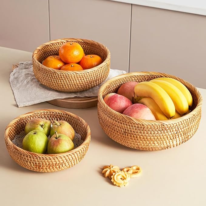 Rattan Bread Basket, Hand Woven Fruit Basket, Wicker Serving Basket Bowl, Decorative Baskets for Kitchen Counter Organizing, Set of 3 (Round)
