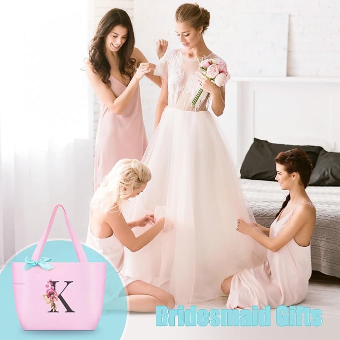 Vavabox Tote Bag, A-Z Initial Monogrammed Waterproof Tote Bag, Bridesmaid Gifts for Women, Black and Pink