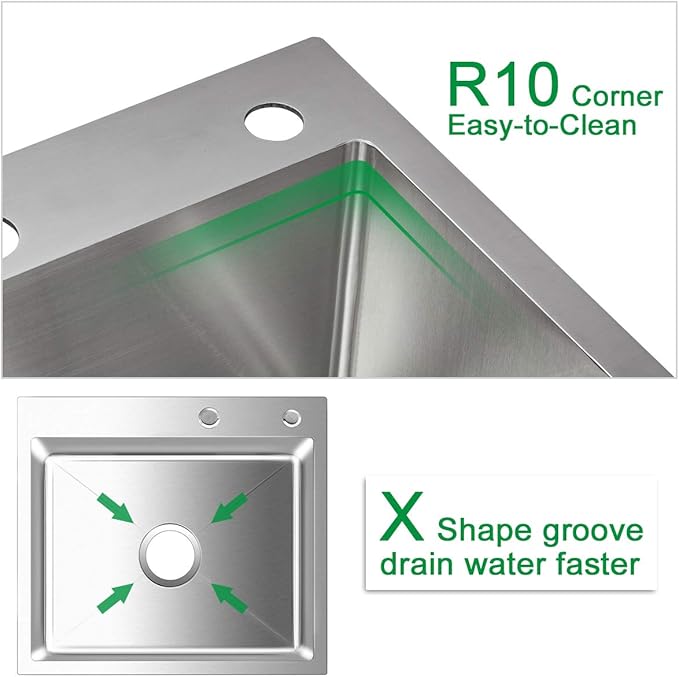 25x18 Inch Kitchen Sink Drop in, Premium T-304 Grade Stainless Steel Sink, 9" Deep Single Bowl with Brushed Finish, R10 Tight Corner, 2 Pre-Drilled Holes, Topmount Sink with Strainer
