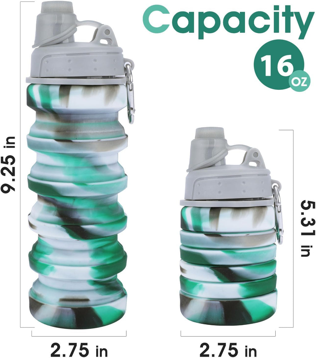 Collapsible Water Bottle for Adults, Boys, Students, Kids, Reusable Silicone Foldable Water Bottles for Travel Camping Hiking, Portable Sports Water Bottle, Gray & Green