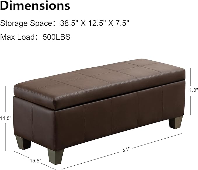 Brown Faux Leather Ottoman with Storage, Rectangular Extra Long Storage Bench for Bedroom and Living Room