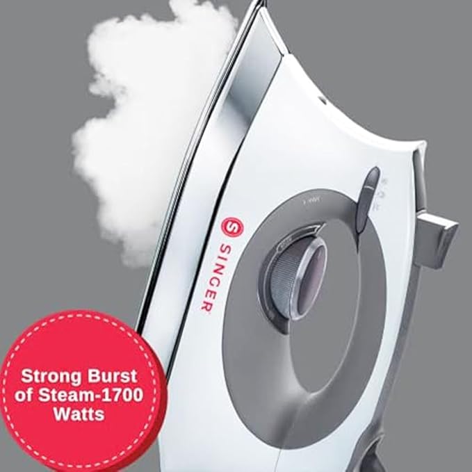 SINGER SteamCraft Steam Iron (1700W) | Steamer with Stainless Steel Plate, OnPoint Precision Tip for Hard-to-Reach Areas, Vertical Steam, Auto Shutoff & 300ml Tank Capacity – White