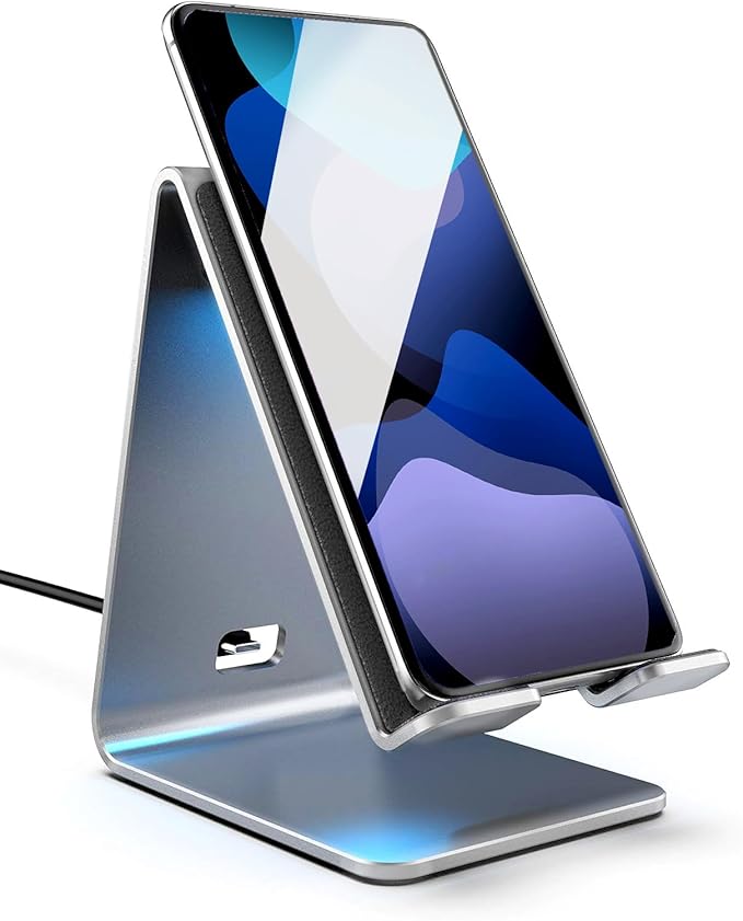 Encased PowerStand Wireless Charging Stand with Dimmable LED Backlights - Desktop Charger for iPhone, Android and Galaxy Phone Models (Aluminum Silver)